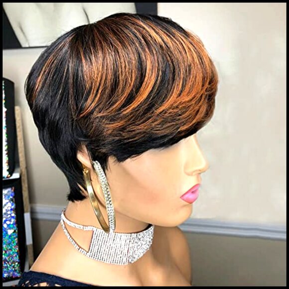 Human Hair Pixie Cut Wig Glueless Machine Made Adjustable Cap Throw On Go